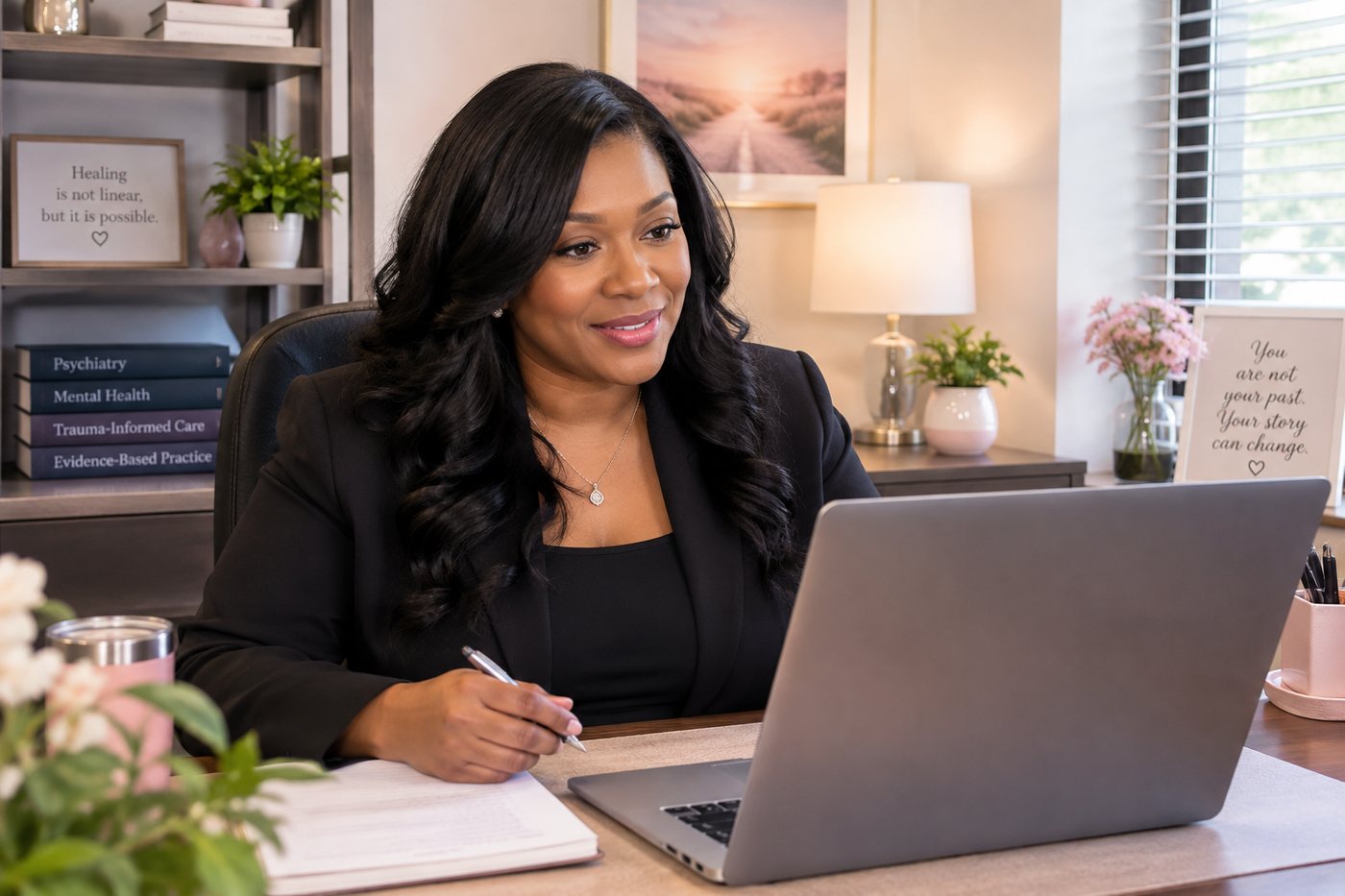 Theonie Labee-Walker meeting with a patient by secure telehealth video