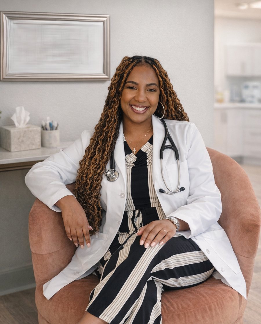 Theonie Labee-Walker, psychiatric nurse practitioner, in her white coat
